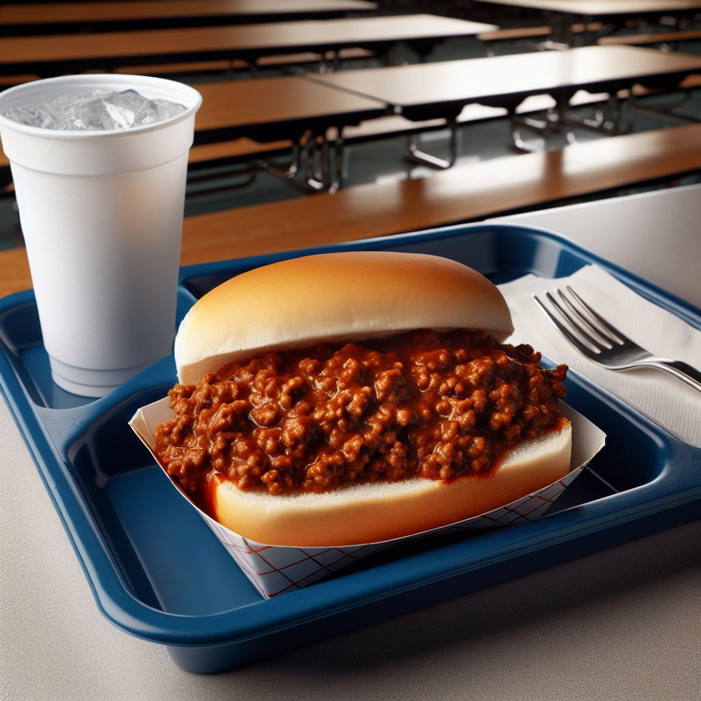 A warm Sloppy Joe sandwich with saucy beef filling on a soft bun resting on a plastic lunch tray beside a paper napkin and paper cup, in a bright school cafeteria.