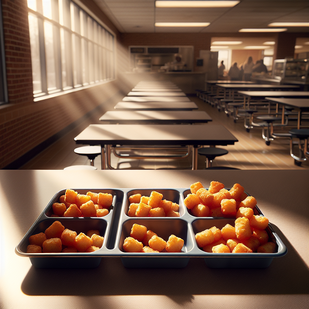 A heap of crisp, golden-brown tater tots on a compartmentalized cafeteria tray lined with wax paper, illuminated by gentle midday sunlight through cafeteria windows.