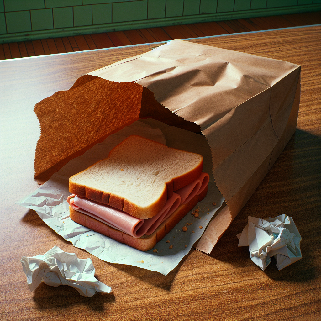 A brown paper lunch bag opened on a linoleum lunch table revealing a bologna sandwich on white bread, with a crumpled napkin beside it.