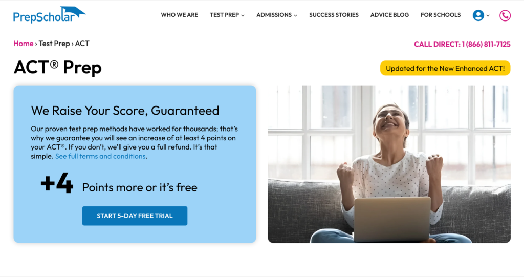 PrepScholar ACT prep home page showing the 4-point score improvement guarantee