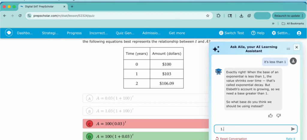 PrepScholar AI Learning Assistant working through a Digital SAT exponential growth question
