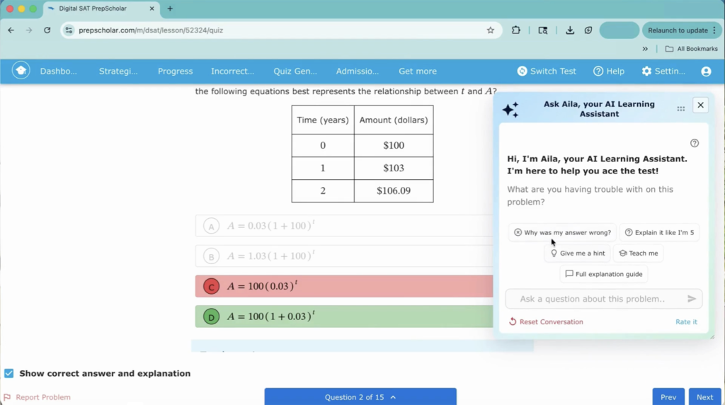 PrepScholar AI Learning Assistant offering hint, teach me and explain it like I’m 5 prompts on a Digital SAT question