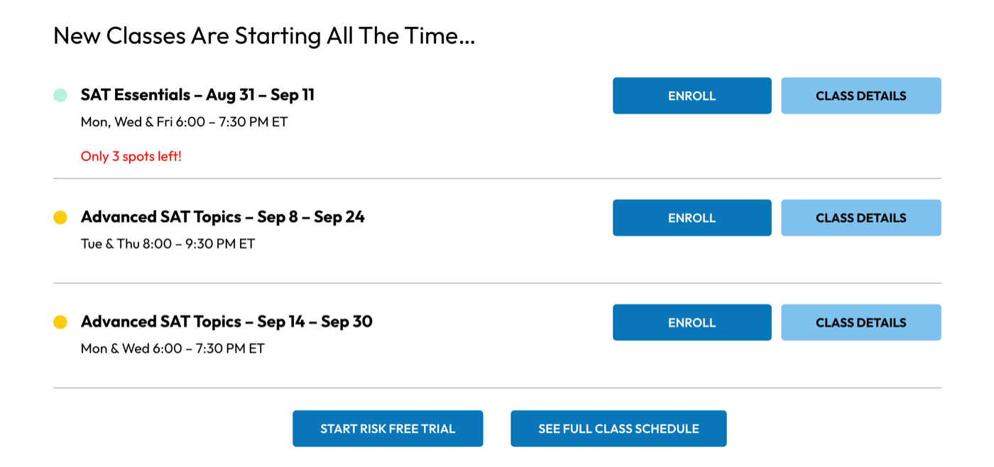 PrepScholar instructor-led SAT class schedule showing upcoming 2026 start dates