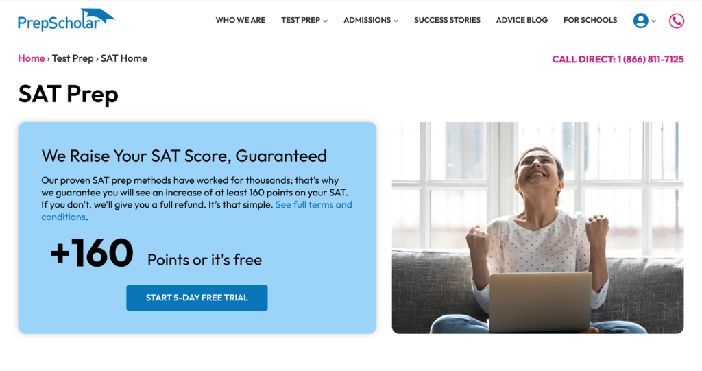PrepScholar SAT prep home page showing the 160-point score improvement guarantee