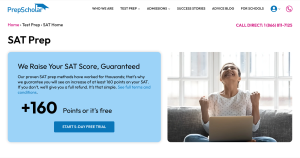 PrepScholar SAT prep home page showing the 160-point score improvement guarantee