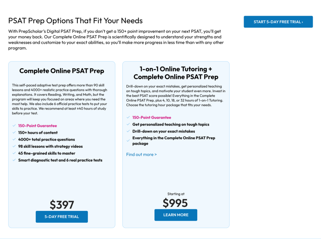 PrepScholar PSAT prep packages - Complete Online PSAT Prep at $397 and tutoring from $995