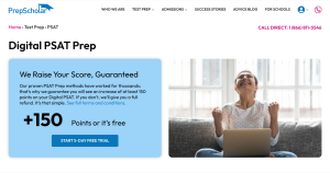 PrepScholar Digital PSAT prep page showing the 150-point score improvement guarantee