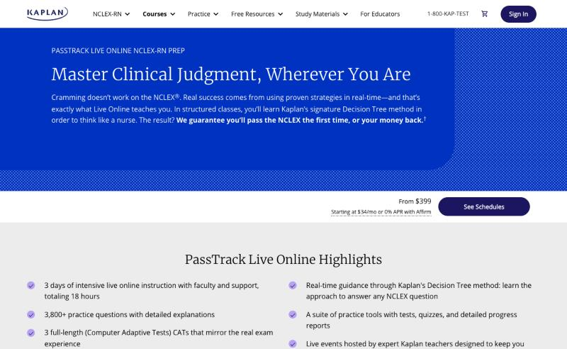 Kaplan PassTrack Live Online NCLEX-RN prep course page