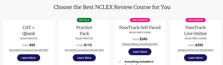 Kaplan NCLEX course options: CAT + Qbank, Practice Pack, PassTrack Self-Paced and PassTrack Live Online