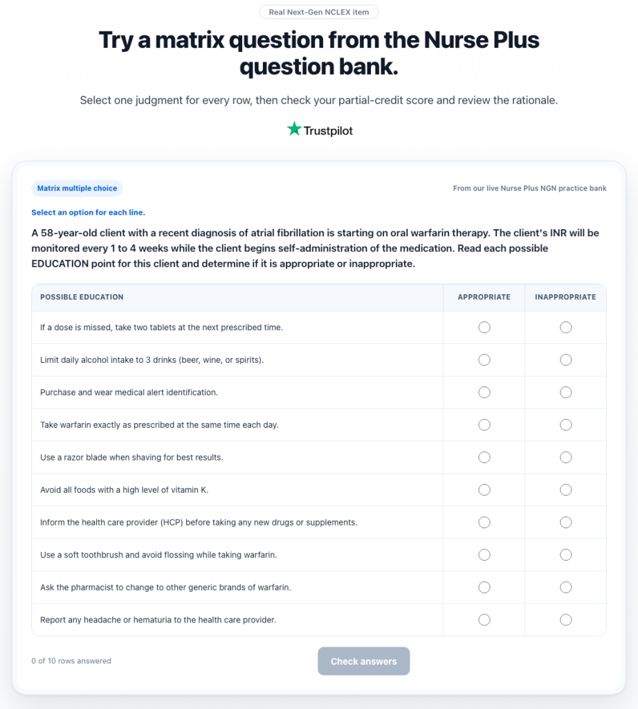 Nurse Plus Academy Next Gen NCLEX matrix multiple choice practice question