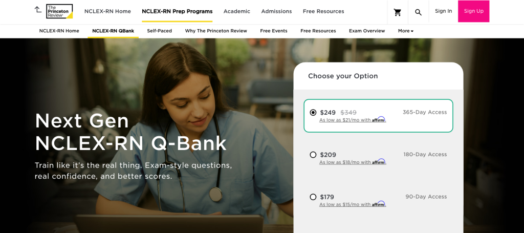 The Princeton Review NCLEX-RN QBank page with access options