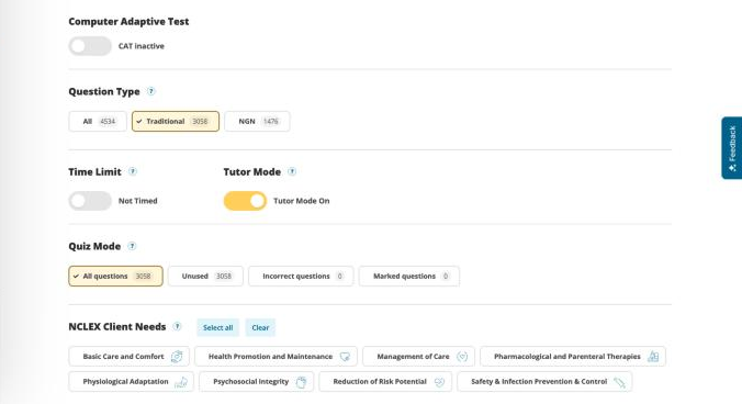 SimpleNursing NCLEX quiz builder showing 4,534 questions including 1,476 NGN questions