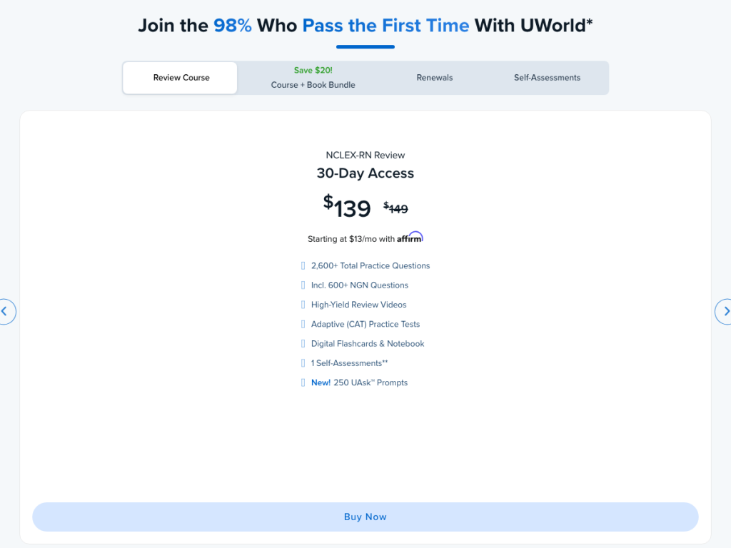 UWorld NCLEX-RN Review 30-day plan pricing and features
